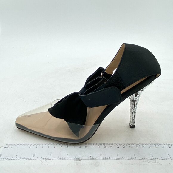 Black Women's Bow Clear Pointed Toe Ankle Strap Crystal Heel Wedding Pumps - Picture 1 of 6
